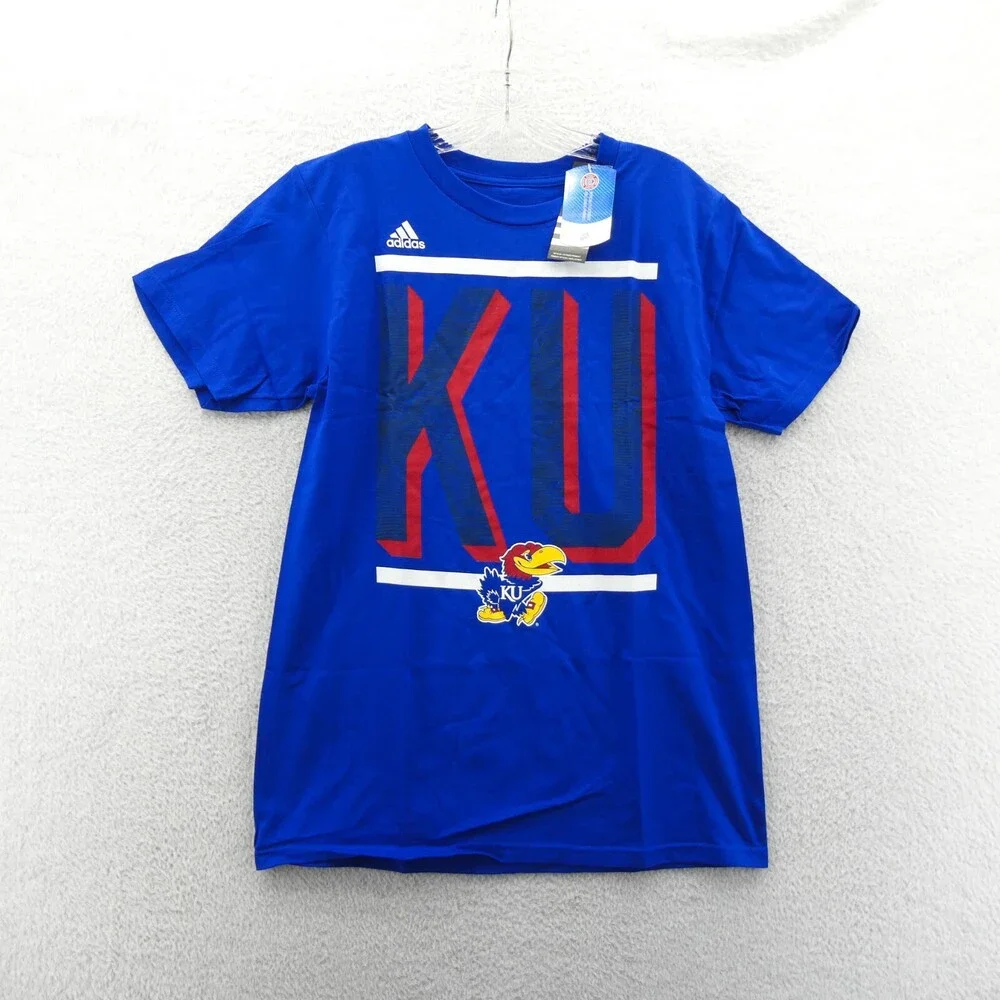 Kansas Jayhawks Shirt Men Medium Blue Knit Adidas College NCAA Crew Neck Tee New